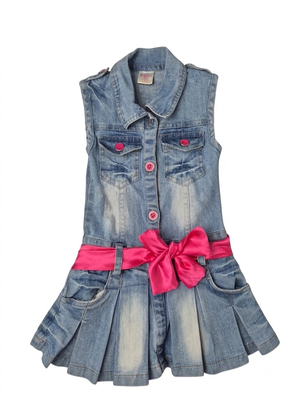 Sunbee Kids Girls Denim Pleated Dress Pink Ribbon Sash Y2K Style Size 2T
